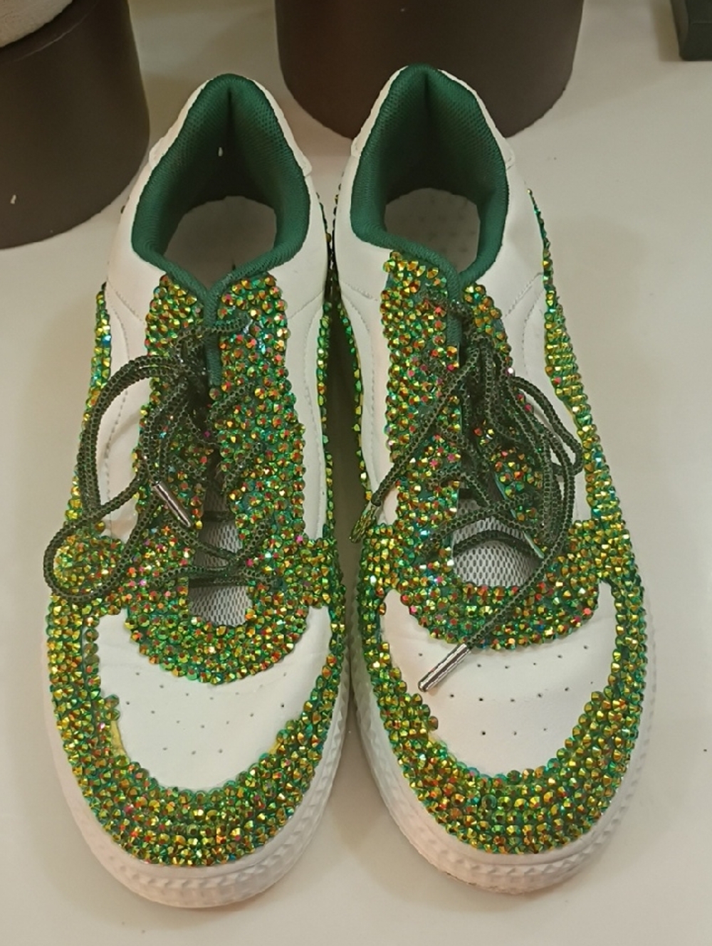 Women’s White Sneakers with Green Crystal Embellishments